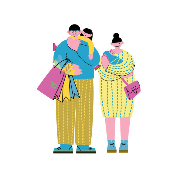 家庭——两个父母和两个孩子从商店买东西回来。图片下载