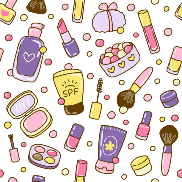 无缝图案与可爱的化妆品元素隔离在白色的背景图片下载