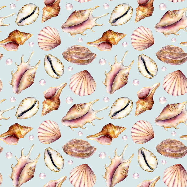水彩贝壳与珍珠无缝图案。手绘水下插图孤立在粉彩蓝色背景。水生插图的设计，打印或背景。图片下载