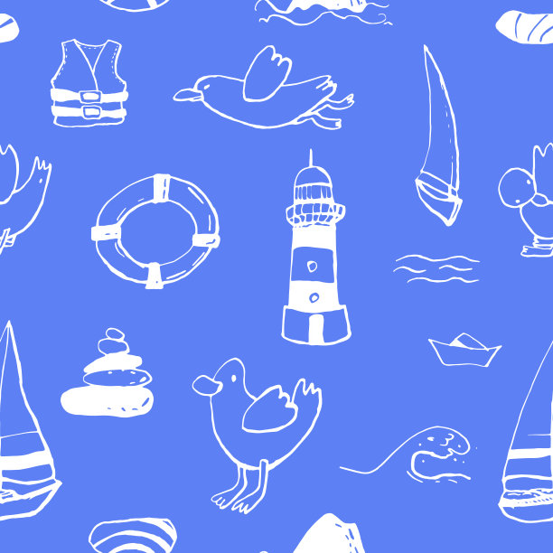 海夏季墨水涂鸦在白色的背景收集。无缝模式。图片下载