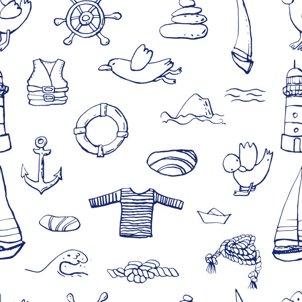 海夏季墨水涂鸦在白色的背景收集。无缝模式。图片下载