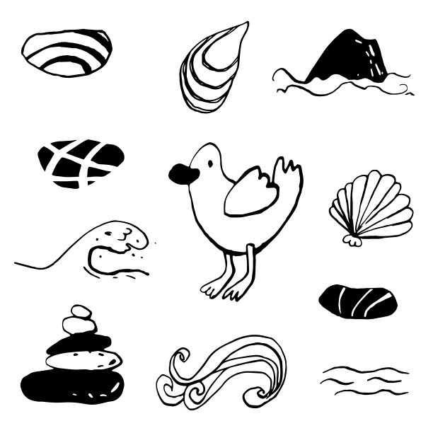 海夏季墨水涂鸦在白色的背景收集。向量的股票。图片下载