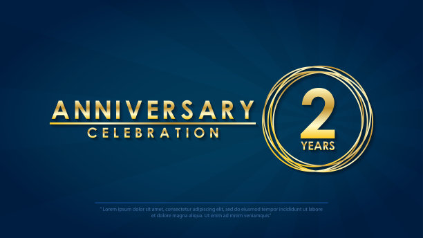 周年庆典徽章2周年纪念标志与戒指和典雅的金色在深蓝色的背景，矢量插图模板设计的庆祝贺卡和邀请卡图片下载
