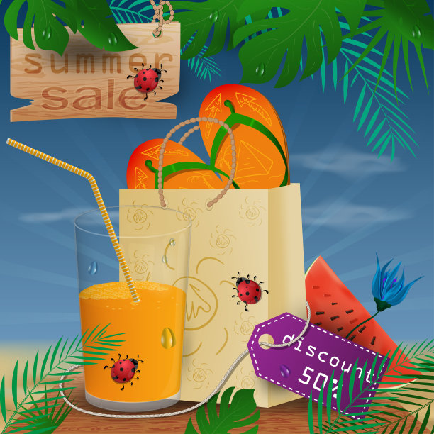 背景插图以热带树叶为背景，概念设计优惠券，门票，销售，折扣和暑假旅行图片下载