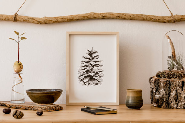 时尚和植物室内客厅模拟海报框架，木制配件，鳄梨植物，森林球果，空气植物，笔记和个人的东西。简约和植物的家庭装饰。图片下载