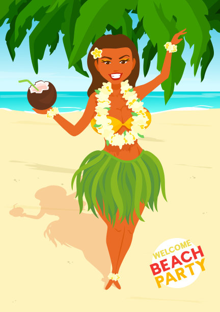 美丽的夏威夷女孩脖子上戴着花环站在海滩上。图片下载