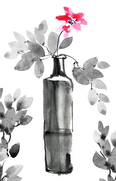 水彩画的静物与花瓶中的花图片下载