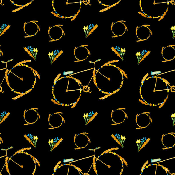 春花夏花无缝图案自行车。手绘水彩插图在纸上。黄色的自行车，草地上开着蓝色的花，还有小麦、黑麦等谷物的穗子。孤立在黑色背景上。生态环境保护图片下载