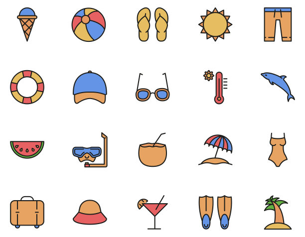 夏季设置的图标在填充轮廓风格，度假元素矢量插图图片下载