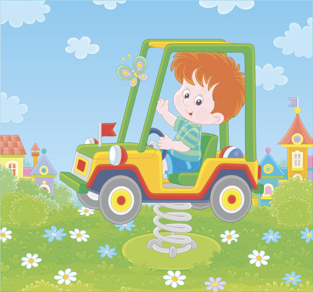 小男孩在操场上的玩具车上荡秋千图片下载