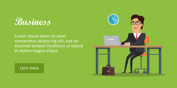 业务旗帜。坐在桌子旁边椅子上的男人图片下载