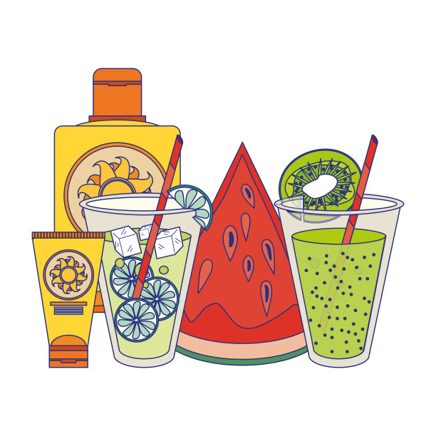 柠檬水，猕猴桃汁，太阳古铜色瓶子和西瓜图片下载