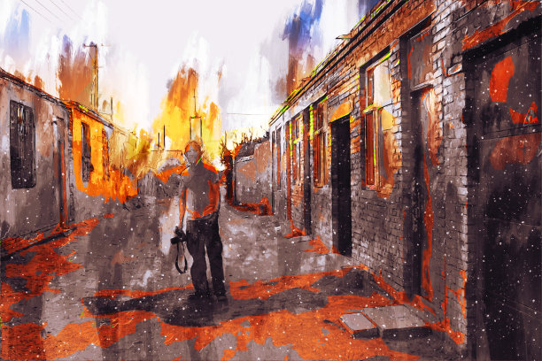 暖色调的建筑数字绘画，晚上的城市，内蒙古，中国图片下载