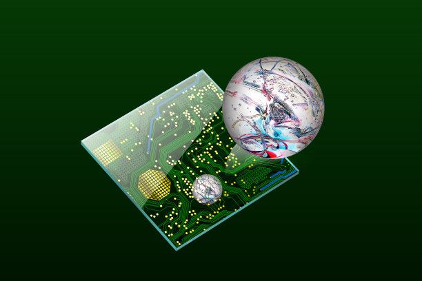 透明计算机平板上显示的电子电路、单元和分子，合成生物学和纳米技术的合作。图片下载
