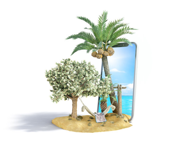 度假储蓄概念吊床附在一棵摇钱树上，背景是智能手机，上面有一张大海的3d渲染照片图片下载