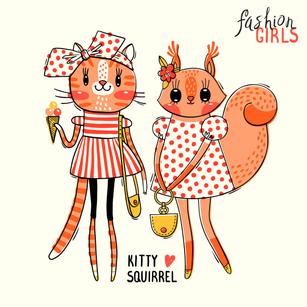 最好的朋友的可爱卡片。时尚的女孩。小猫和松鼠宝宝穿着时髦的衣服。可用于t恤印花、童装设计。矢量图图片下载