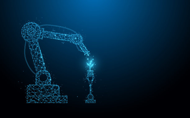 智能机器人农民技术。机器人喷洒化学品。线条，三角形和粒子风格的设计。说明向量图片下载