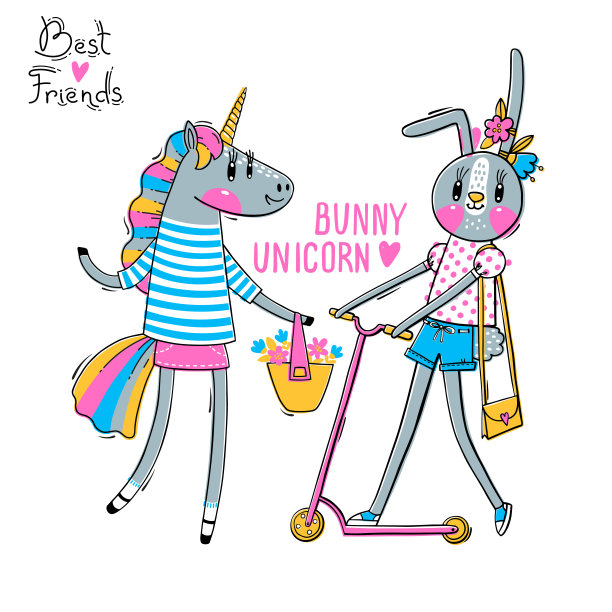 最好的朋友的可爱卡片。宝宝兔和彩虹独角兽穿着时尚的衣服。卡哇伊的动物。可用于t恤印花、童装设计。矢量图图片下载
