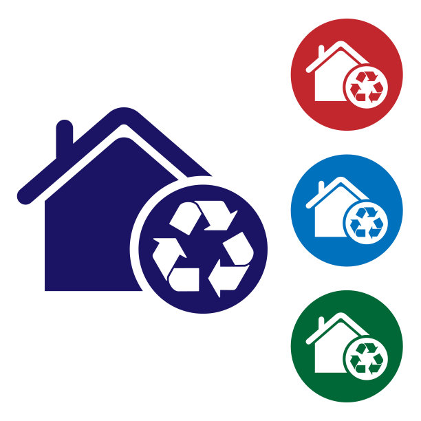 蓝色生态屋与回收标志图标孤立在白色背景上。生态家园与回收箭。设置圆形按钮中的颜色图标。矢量图图片下载