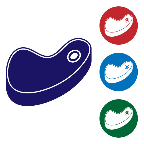 蓝牛排肉图标孤立在白色背景。设置圆形按钮中的颜色图标。矢量图图片下载