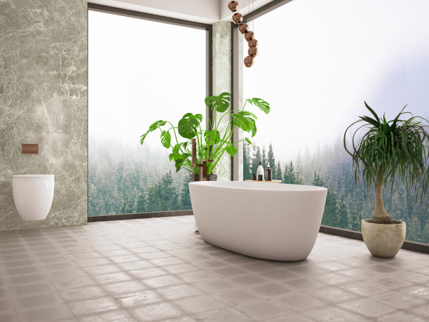 现代浴室，森林景观图片下载