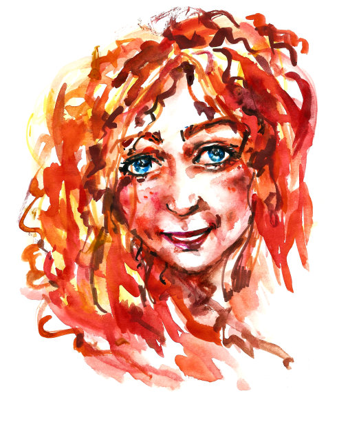 水彩certoon女孩与长红头发图片下载