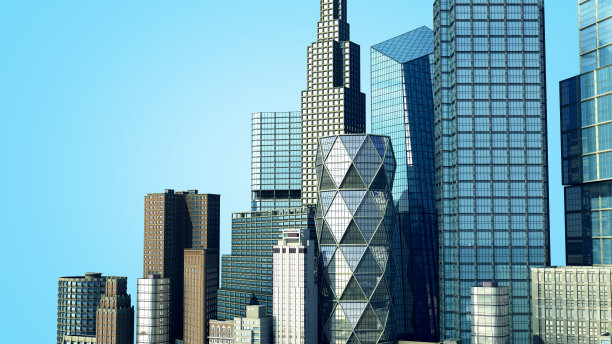 白天城市与反射3d渲染图像在蓝色梯度图片下载