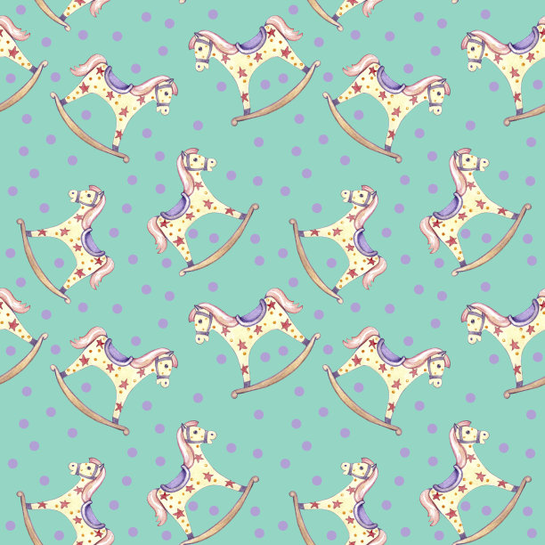 图案无缝摇摆马婴儿玩具和粉红色的圆圈在绿色的背景。图片下载