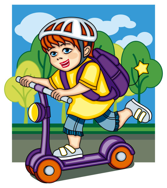 一个戴着自行车头盔背着背包的孩子骑着滑板车。图片下载