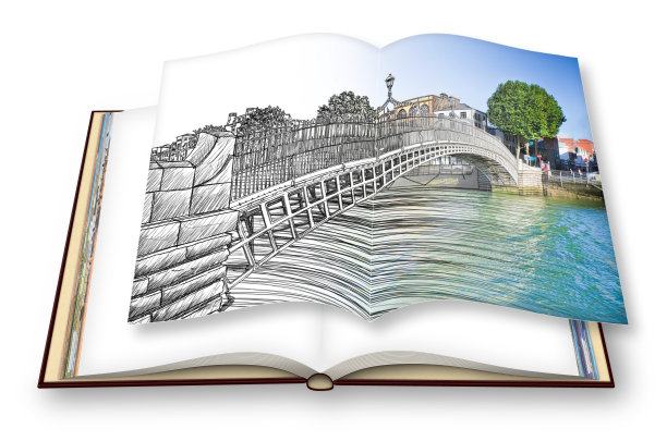 都柏林最著名的桥叫“半便士桥”-手绘草图概念图像-打开的照片册的3D渲染-我是在这个3D渲染中使用的图像的版权所有者。图片下载