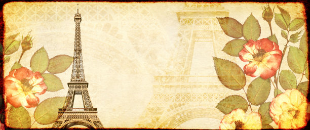 垃圾背景纸纹理，干玫瑰花和埃菲尔铁塔图片下载
