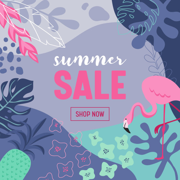 夏季销售海报热带树叶，鲜花，火烈鸟，广告横幅和热带背景在现代平板风格，闪光的春天特别优惠，海报度假广告，传单。矢量图图片下载