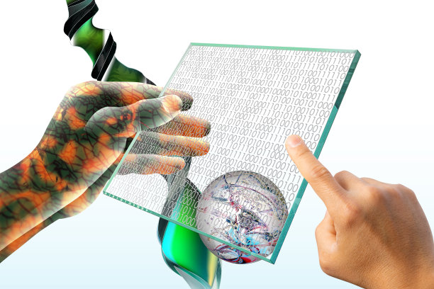 基因重组和纳米技术。一只半机械人的手拿着一块玻璃晶片。监视器显示一个二进制代码。人类的手指向二进制代码。背景是分子和细胞以及DNA双螺旋结构。图片下载