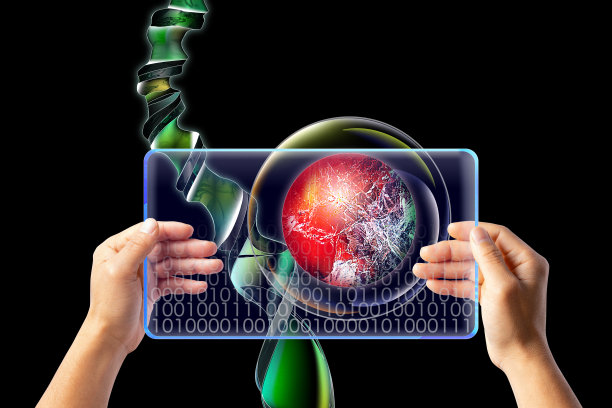 基因工程和纳米技术图像：手持智能手机、DNA双螺旋结构、分子和细胞。屏幕显示基因信息二进制代码。图片下载