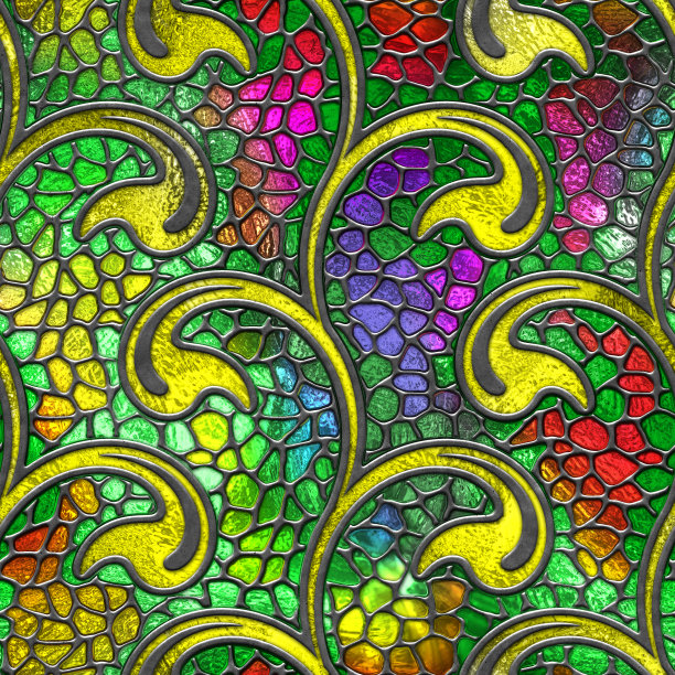 彩色玻璃无缝纹理与花卉图案为窗口，彩色玻璃，3d插图图片下载