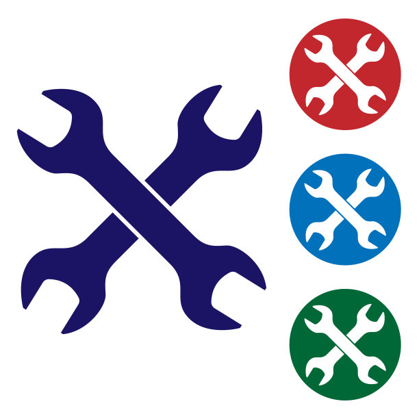 蓝十字扳手图标孤立在白色背景。扳手维修工具。服务工具的象征。设置圆形按钮中的颜色图标。矢量图图片下载