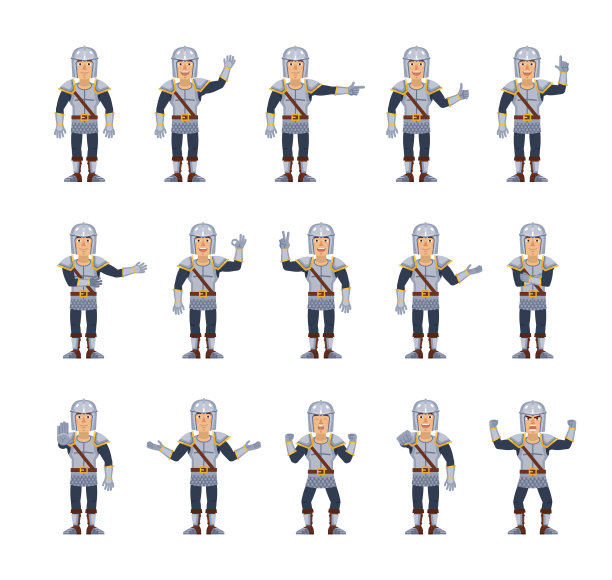 大套骑士角色显示不同的手势。开朗的骑士表现出拇指向上、指向、问候、胜利手势、停止、ok等手势图片下载