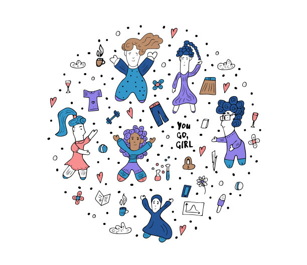 女孩力量涂鸦风格矢量彩色插图。图片下载