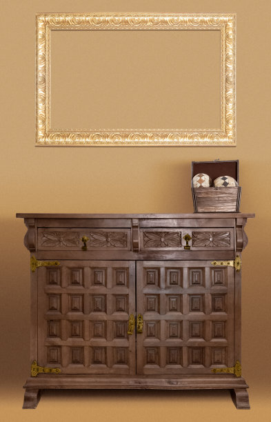 橡木自助餐家具上方空的金色框架图片下载