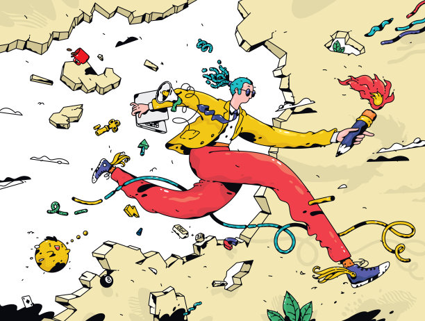 经理员工用手电筒搜索员工。向量。一个商人跑着穿过墙。老师给世界带来知识。Pradazh经理。Prgrammist开发人员。图片下载