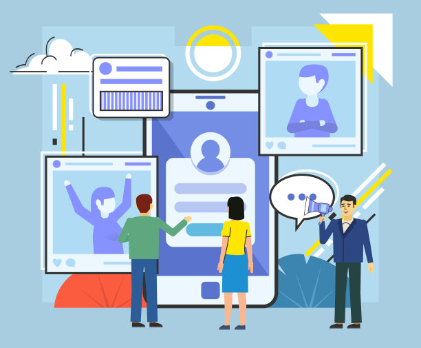 人们利用社交媒体、聊天、在线交流的概念。人们站在大智能手机旁，拍照。海报的社交媒体，网页，横幅，演示图片下载