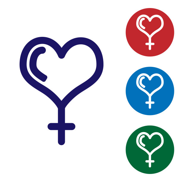 蓝色女性性别符号和心形图标孤立在白色背景上。金星象征。女性象征象征女性有机体或女性的符号设置圆形按钮中的颜色图标。矢量图图片下载