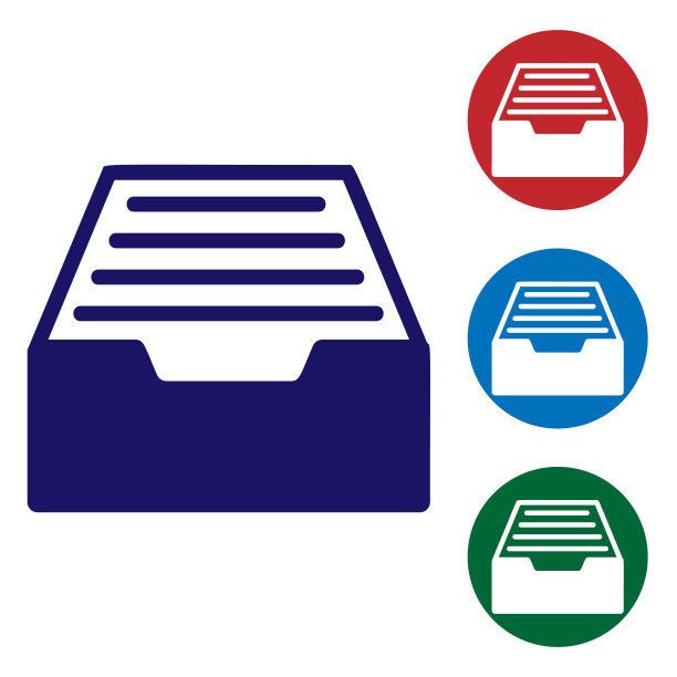 蓝色抽屉与文件图标隔离在白色背景。归档文件的抽屉里。文件柜的抽屉里。办公家具。设置圆形按钮中的颜色图标。矢量图图片下载