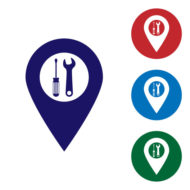 蓝色位置，十字螺丝刀和扳手工具图标隔离在白色背景上。指针设置的象征。设置圆形按钮中的颜色图标。矢量图图片下载