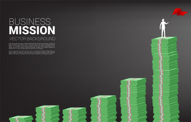 从一堆钞票上的生长图上，一个挂着红旗的商人剪影。图片下载