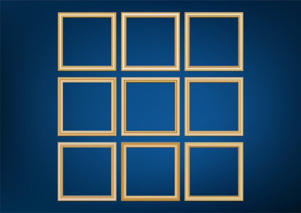一套装饰框架图片与黄金边界，矢量设计的蓝色背景与溢价概念的空间。图片下载