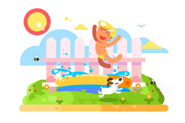 一个小男孩在花园的游泳池里玩耍图片下载