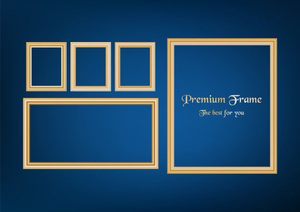 一套装饰框架图片与黄金边界，矢量设计的蓝色背景与溢价概念的空间。图片下载