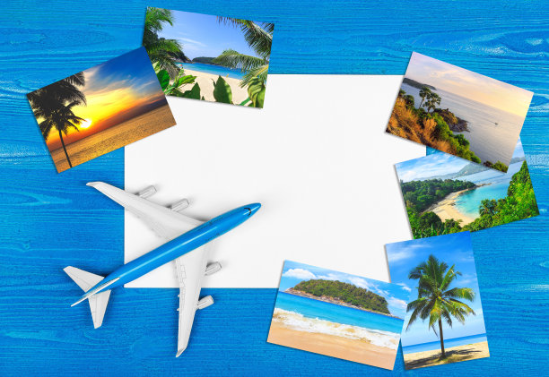 乘飞机旅行。酒店预订。海洋度假胜地。购买机票。旅行的概念。航空公司的广告。图片下载