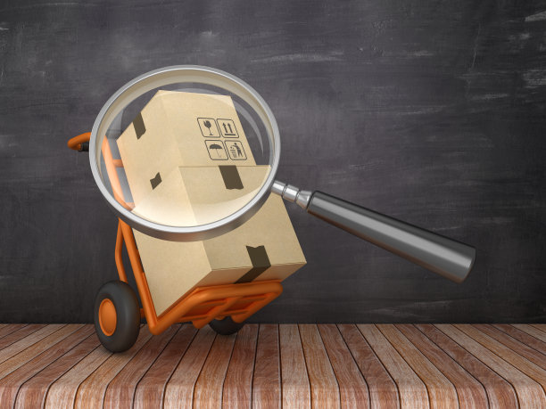 放大镜与手推车在黑板背景- 3D渲染图片下载